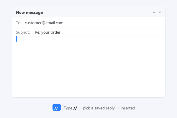 ReplyKit demo: type // in an email and insert a saved reply